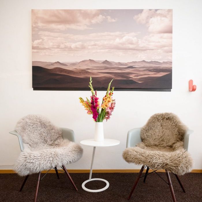 Zwei gemütliche Sessel mit Schaffellen und Blumen in einem hellen Raum – ein Ort für achtsame Gespräche, systemische Aufstellungen und mentale Klärung mit Jessica Liebe